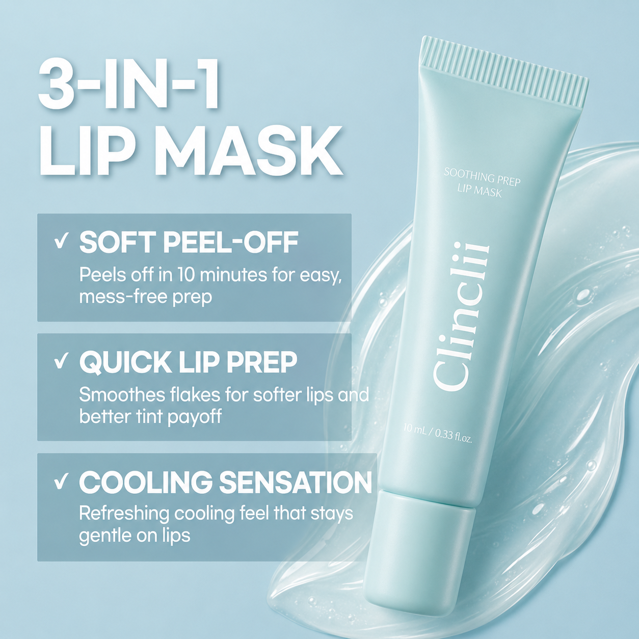 Clinclii™Soothing Prep Lip Mask | Cooling peel-off lip mask for smoother lip prep and a hydrated feel Flawless Flawless